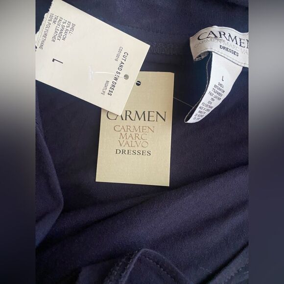 NWT Carmen Marc Valvo  Sheath Dress V-Neck Navy Long Sleeve Size L Stretch - Picture 9 of 11